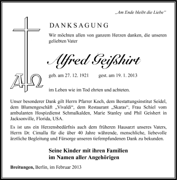Traueranzeige von Alfred Geißhirt von Südthüringer Presse