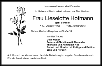 Traueranzeige von Lieselotte Hofmann von Frankenpost