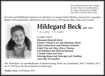 Traueranzeige von Hildegard Beck von Südthüringer Presse