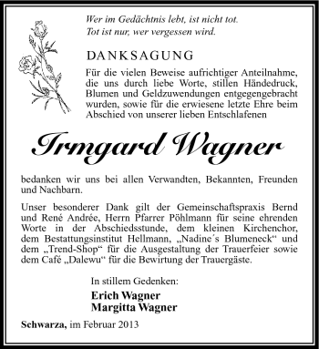 Traueranzeige von Irmgard Wagner von Südthüringer Presse