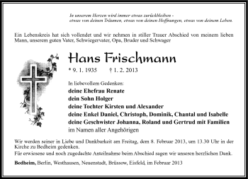 Traueranzeige von Hans Frischmann von Südthüringer Presse