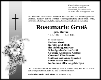 Traueranzeige von Rosemarie Groß von Südthüringer Presse