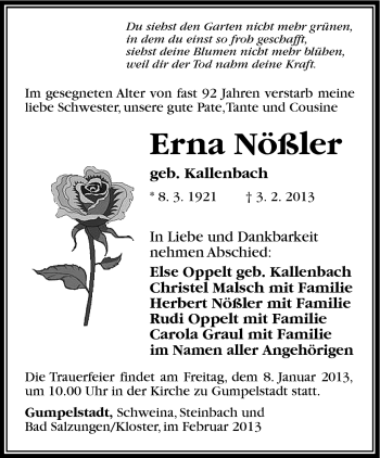 Traueranzeige von Erna Nößler von Südthüringer Presse