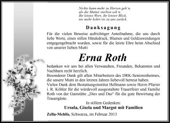 Traueranzeige von Erna Roth von Südthüringer Presse