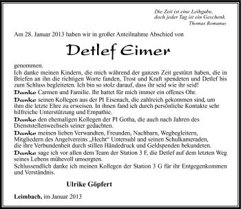 Traueranzeige von Detlef Eimer von Südthüringer Presse