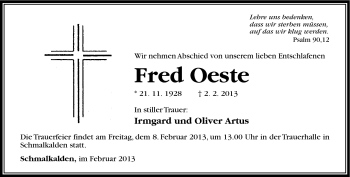 Traueranzeige von Fred Oeste von Südthüringer Presse