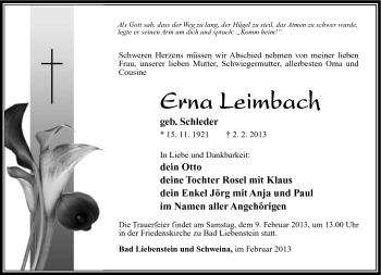 Traueranzeige von Erna Leimbach von Südthüringer Presse