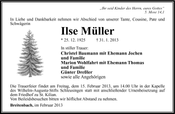 Traueranzeige von Ilse Müller von Südthüringer Presse