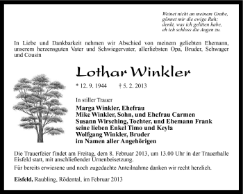 Traueranzeige von Lothar Winkler von Südthüringer Presse