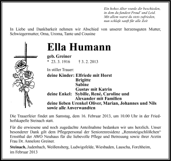 Traueranzeige von Ella Humann von Südthüringer Presse