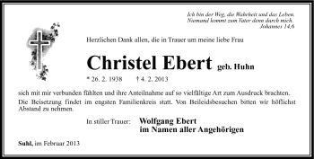 Traueranzeige von Christel Ebert von Südthüringer Presse