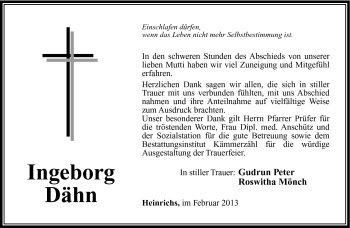 Traueranzeige von Ingeborg Dähn von Südthüringer Presse
