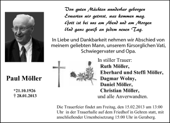 Traueranzeige von Paul Möller von Südthüringer Presse