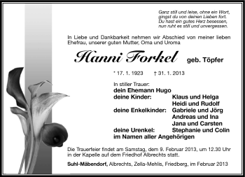 Traueranzeige von Hanni Forgel von Südthüringer Presse