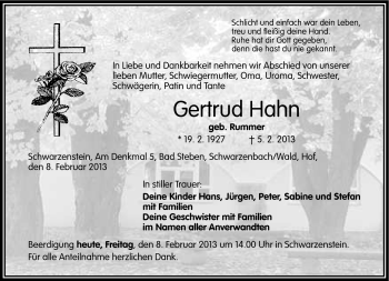 Traueranzeige von Gertrud Hahn von Frankenpost