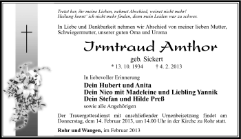 Traueranzeige von Irmtraud Amthor von Südthüringer Presse