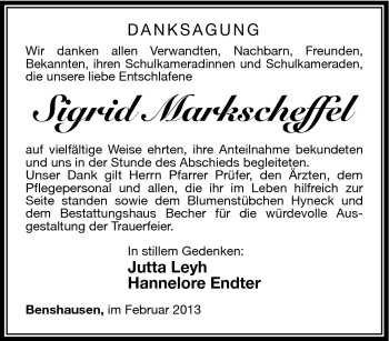 Traueranzeige von Sigrid Markscheffel von Südthüringer Presse