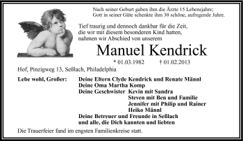 Traueranzeige von Manuel Kendrick von Frankenpost