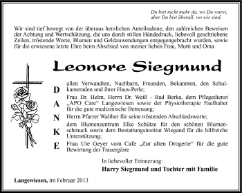Traueranzeige von Leonore Siegmund von Südthüringer Presse