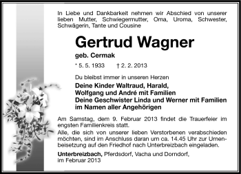 Traueranzeige von Gertrud Wagner von Südthüringer Presse