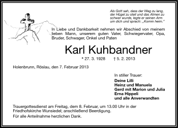 Traueranzeige von Karl Kuhbandner von Frankenpost
