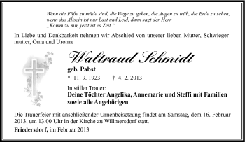 Traueranzeige von Waltraud Schmidt von Südthüringer Presse
