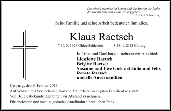Traueranzeige von Klaus Raetsch von Neue Presse Coburg