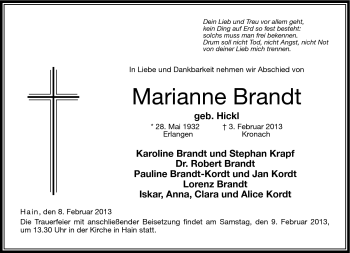Traueranzeige von Marianne Brandt von Neue Presse Coburg