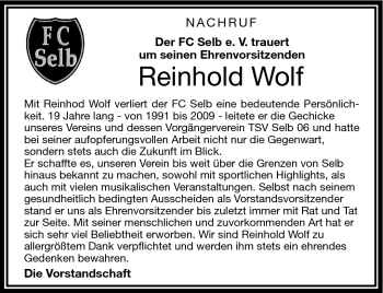 Traueranzeige von Reinhold Wolf von Frankenpost