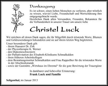 Traueranzeige von Christel Luck von Südthüringer Presse