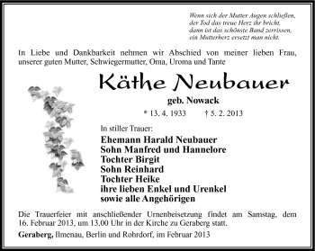 Traueranzeige von Käthe Neubauer von Südthüringer Presse
