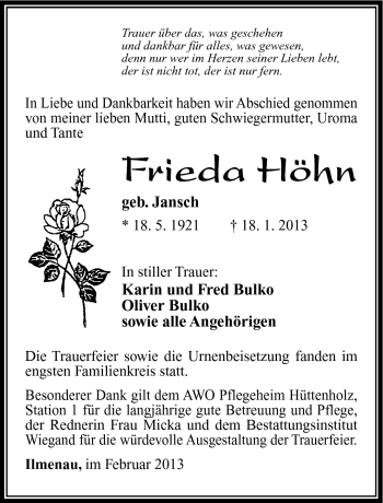 Traueranzeige von Frieda Höhn von Südthüringer Presse
