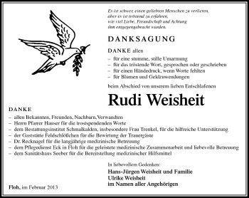 Traueranzeige von Rudi Weisheit von Südthüringer Presse