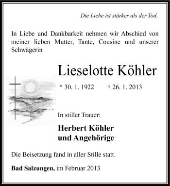 Traueranzeige von Lieselotte Köhler von Südthüringer Presse