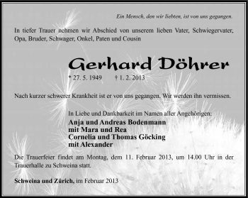 Traueranzeige von Gerhard Döhrer von Südthüringer Presse