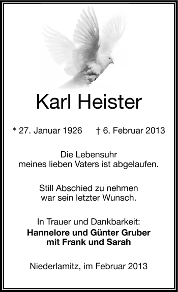 Traueranzeige von Karl Heister von Frankenpost