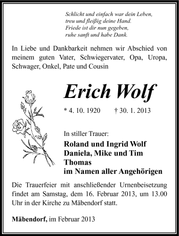 Traueranzeige von Erich Wolf von Südthüringer Presse
