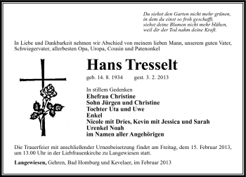 Traueranzeige von Hans Tresselt von Südthüringer Presse