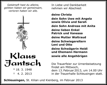 Traueranzeige von Klaus Jantsch von Südthüringer Presse
