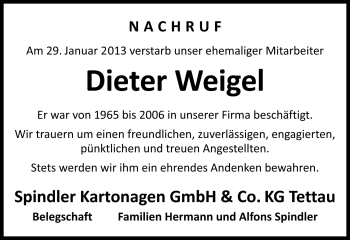 Traueranzeige von Dieter Weigel von Neue Presse Coburg