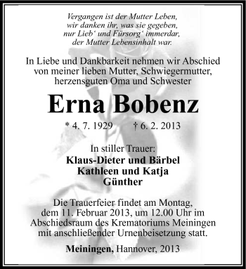 Traueranzeige von Erna Bobenz von Südthüringer Presse