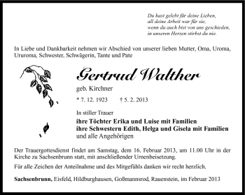 Traueranzeige von Gertrud Walther von Südthüringer Presse