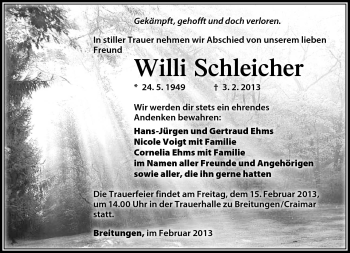 Traueranzeige von Willi Schleicher von Südthüringer Presse