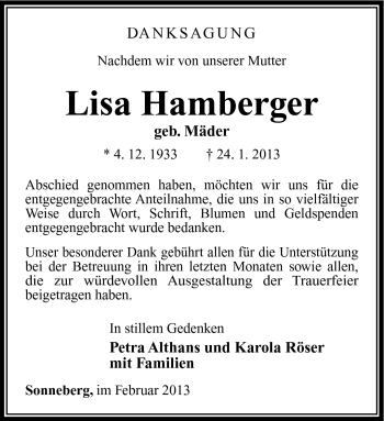 Traueranzeige von Lisa Hamberger von Südthüringer Presse
