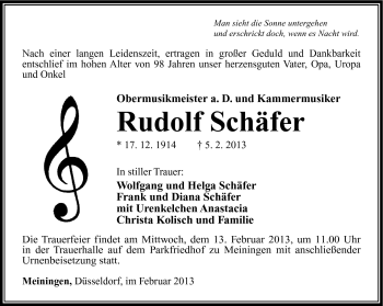 Traueranzeige von Rudolf Schäfer von Südthüringer Presse