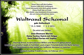Traueranzeige von Waltraud Schamal von Südthüringer Presse