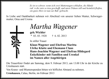 Traueranzeige von Martha Wagener von Südthüringer Presse