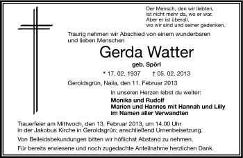 Traueranzeige von Gerda Watter von Frankenpost