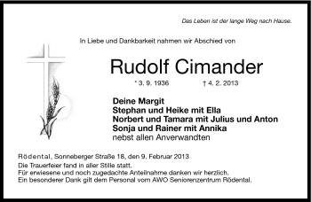 Traueranzeige von Rudolf Cimander von Neue Presse Coburg