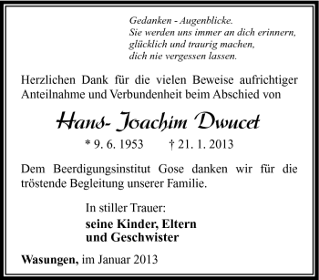 Traueranzeige von Hans-Joachim Dwucet von Südthüringer Presse